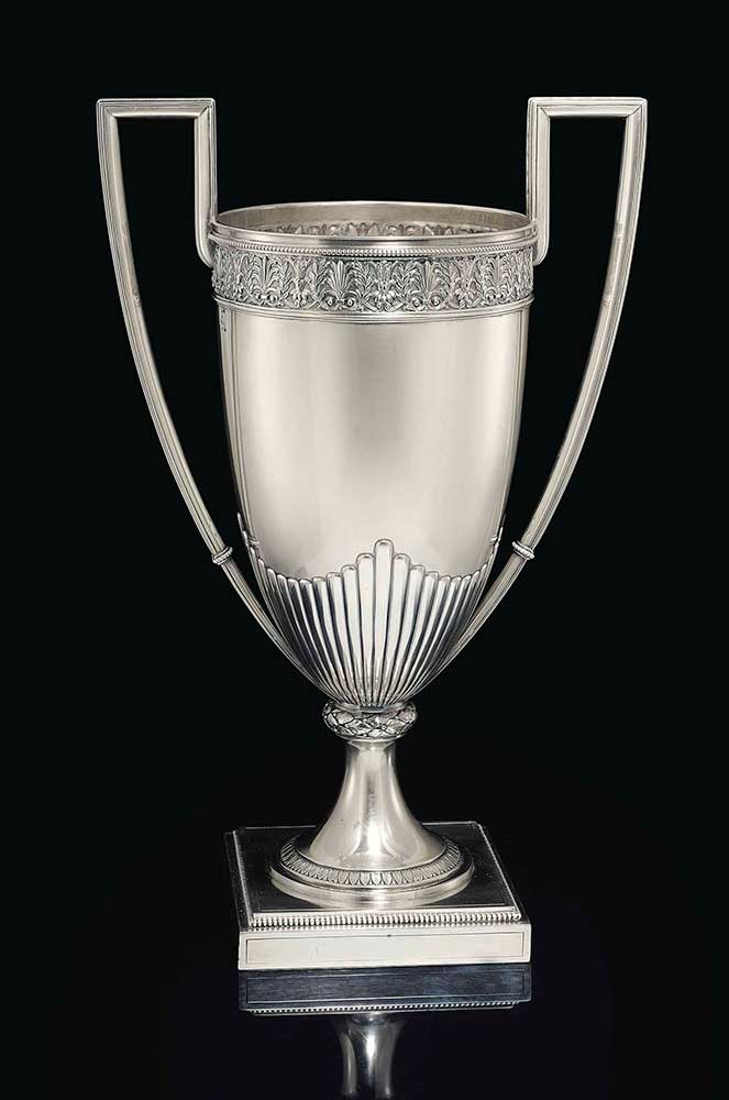 A SILVER TROPHY CUP MARKED K. FABERGÉ WITH THE IMPERIAL WARRANT