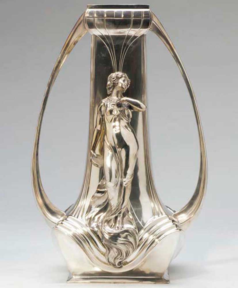 A CONTINENTAL ART NOUVEAU SILVER-PLATED TWO-HANDLED FIGURAL VASE