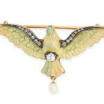 FINE ART NOUVEAU DIAMOND, ENAMEL AND PEARL DOVE BROOCH