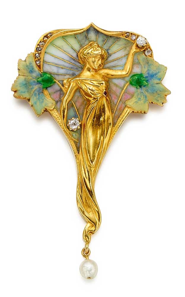Art Nouveau Enamel, Pearl and Diamond Brooch Masriera