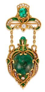 MARCUS & CO. ART NOUVEAU EMERALD, ENAMEL AND DIAMOND WATCH-BROOCH