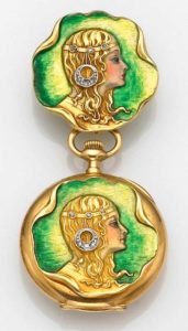 A LADY'S ART NOUVEAU ENAMEL, DIAMOND AND EIGHTEEN KARAT GOLD PENDANT WATCH, TIFFANY & CO