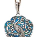 A SILVER AND ENAMELLED 'PEACOCK' PENDANT WITH CHAIN