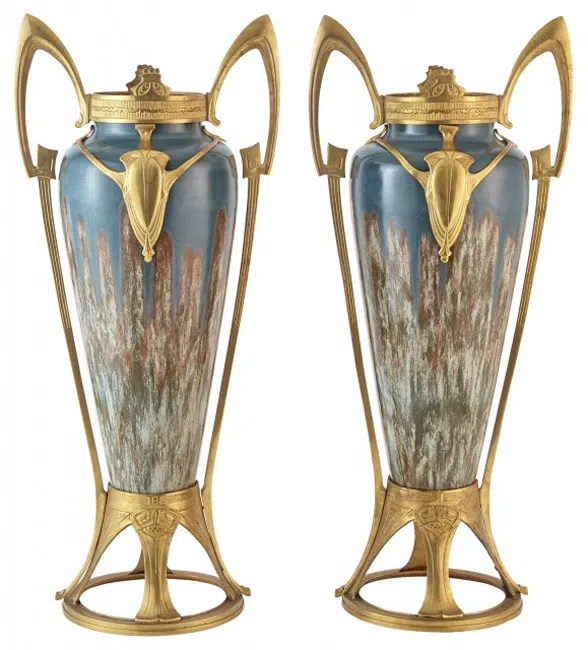 Pair of Art Nouveau Gilt-Metal Mounted Porcelain Two-Handled Vases