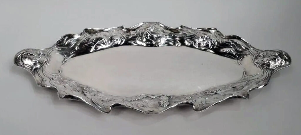 Art Nouveau Martele silver fish platter
